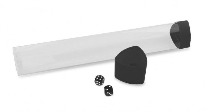 BCW Transparent Playmat Storage Tube with Black End Caps and Two 6 - sided Dice